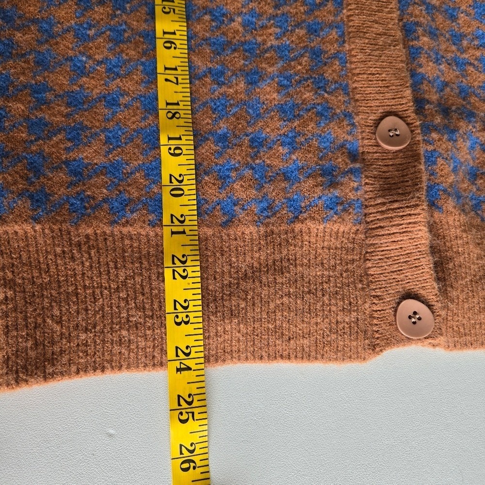 Brown & Blue Mixed Houndstooth Knit Cardigan Size L Cozy Soft Preppy Retro Fall - Picture 9 of 9